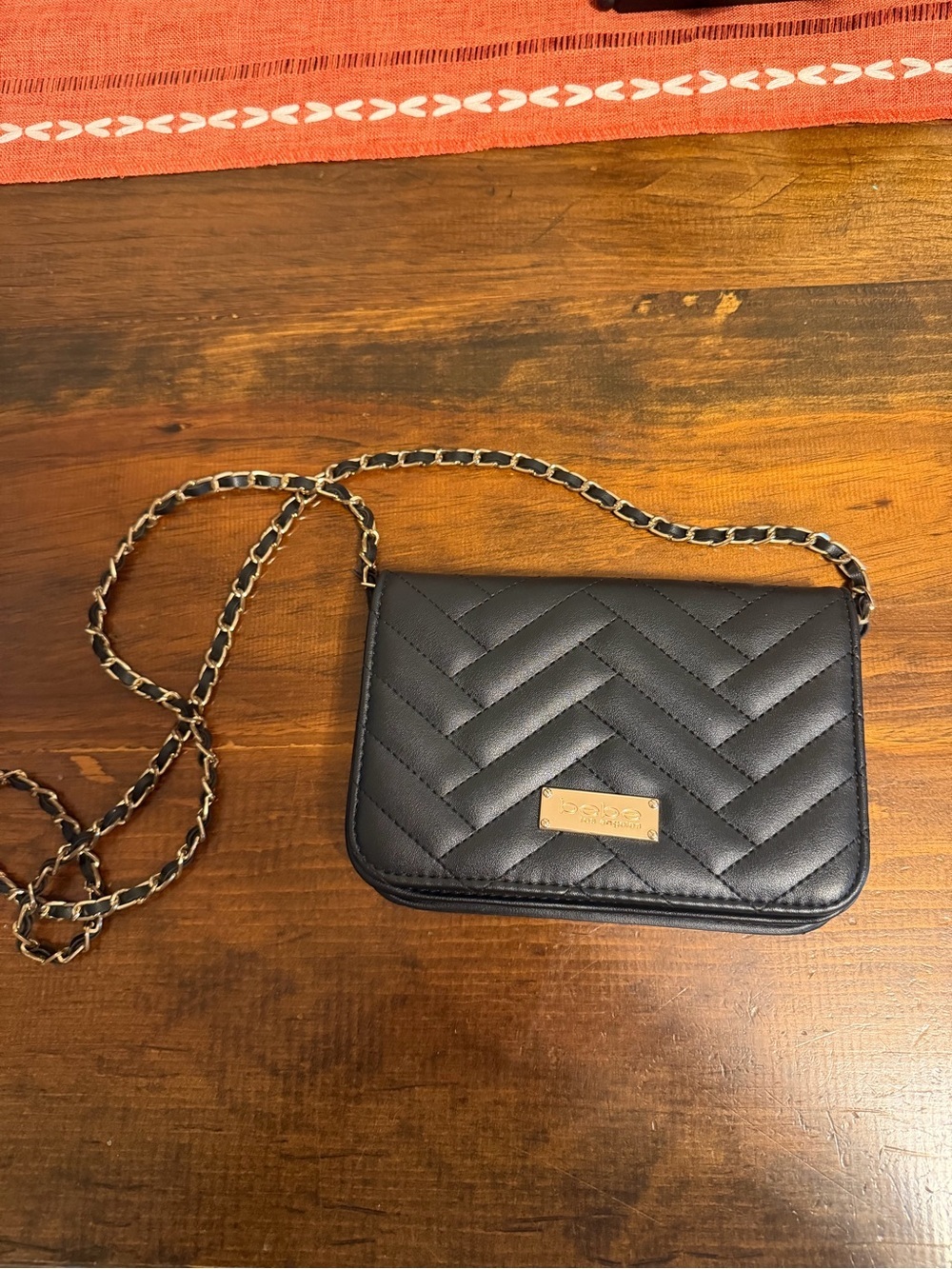 bebe Black Quilted Chevron Crossbody with Gold Chain
